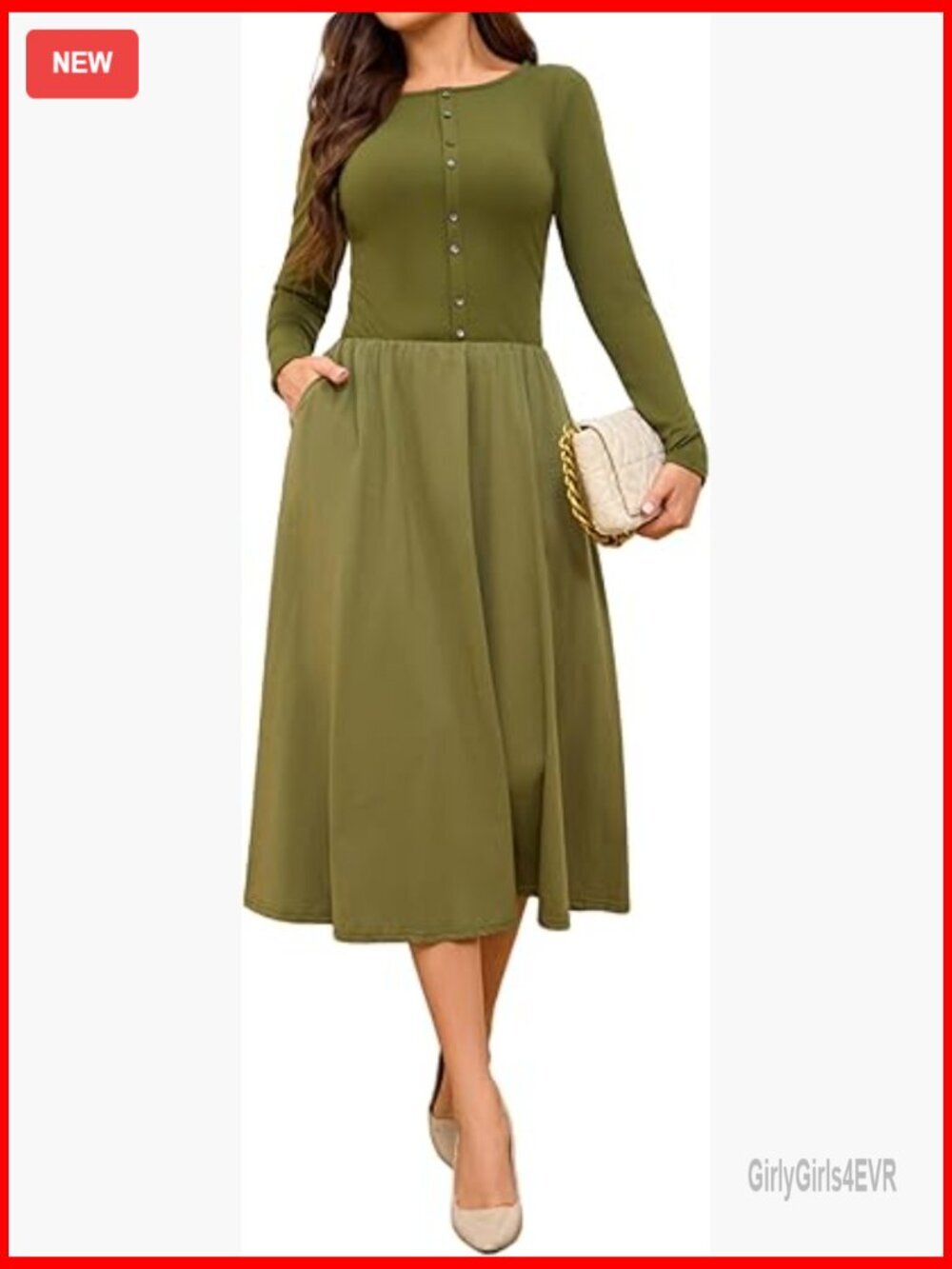 Long Sleeve Knit Button A-Line Swing Flare Dress with Pockets